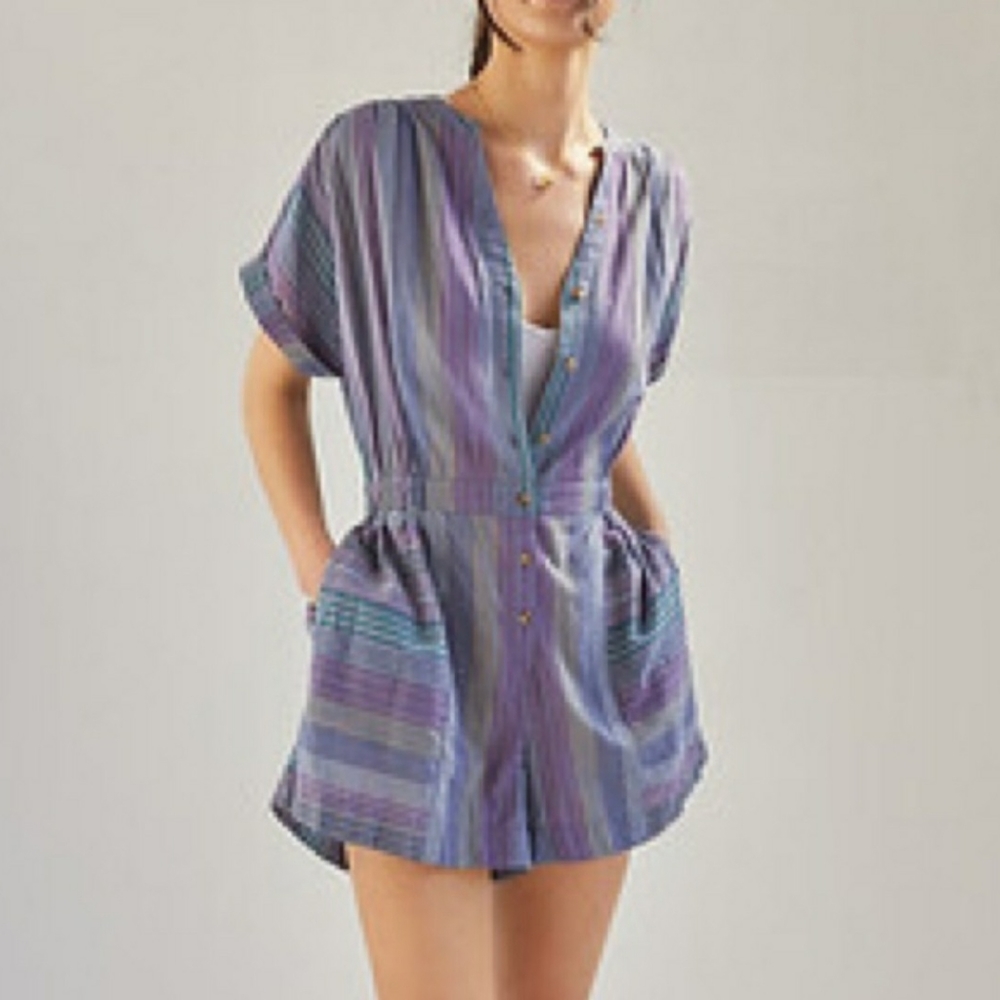 Anthropologie Blue Striped Romper Cotton Pockets Size L